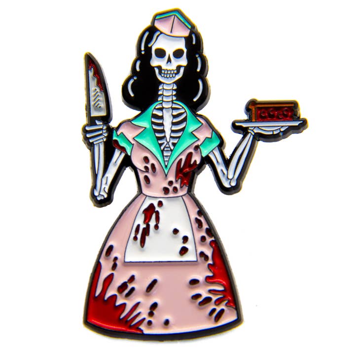 Ectogasm – wholesale Nål och knapp för kavajslag – 50-'s Bloody Skelett servitris Halloween Skräck Emalj Pin
