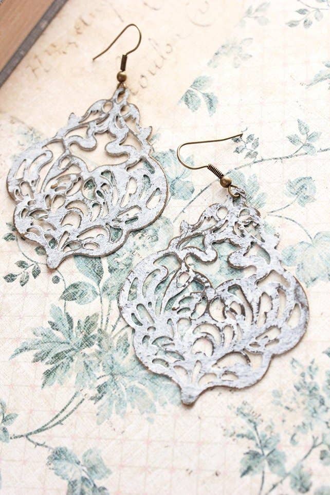 Default Shabby White Patina Earrings - Big Filigree Dangles for wholesale on Faire2