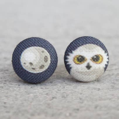 Night Owl and Moon Fabric Button Earrings for wholesale by Rachel O's