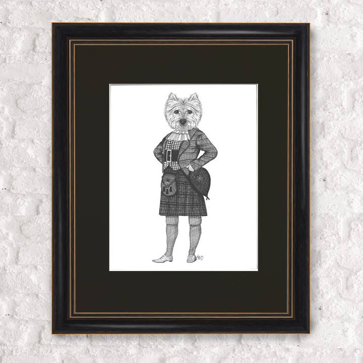 Westie In Kilt, Full, Pen & Ink Framed Print for wholesale by FabFunky Ltd