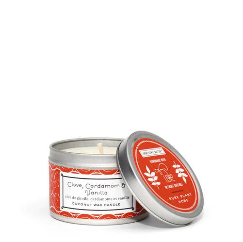 Pure Plant Home – Großhandel Reisekerzen – Kleine Silberdose aus Indonesien, 3 Unzen, Nelken/Kardamom/Vanilla Coco