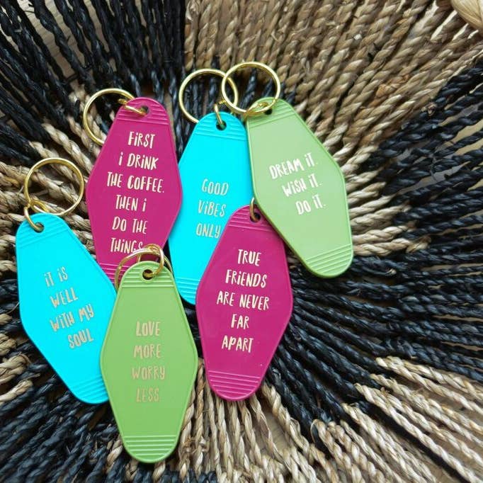 BOPS WHOLESALE - Wholesale Keychain - Women's - RETRO MOTEL KEYCHAIN "WINE A LITTLE, LAUGH ALOT"