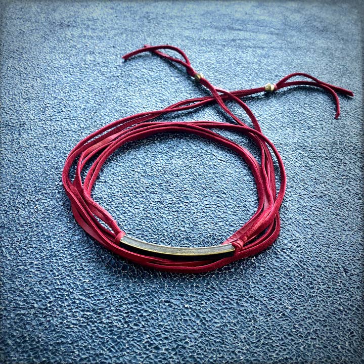 Leather Wrap Choker - Red & Brass, Western Necklace/Hatband for wholesale by ASTALI
