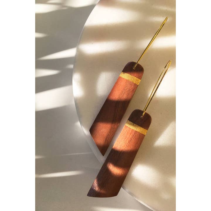 Cherry Wood And 24k Gold Stripe Earrings for wholesale by Kohli Kraft
