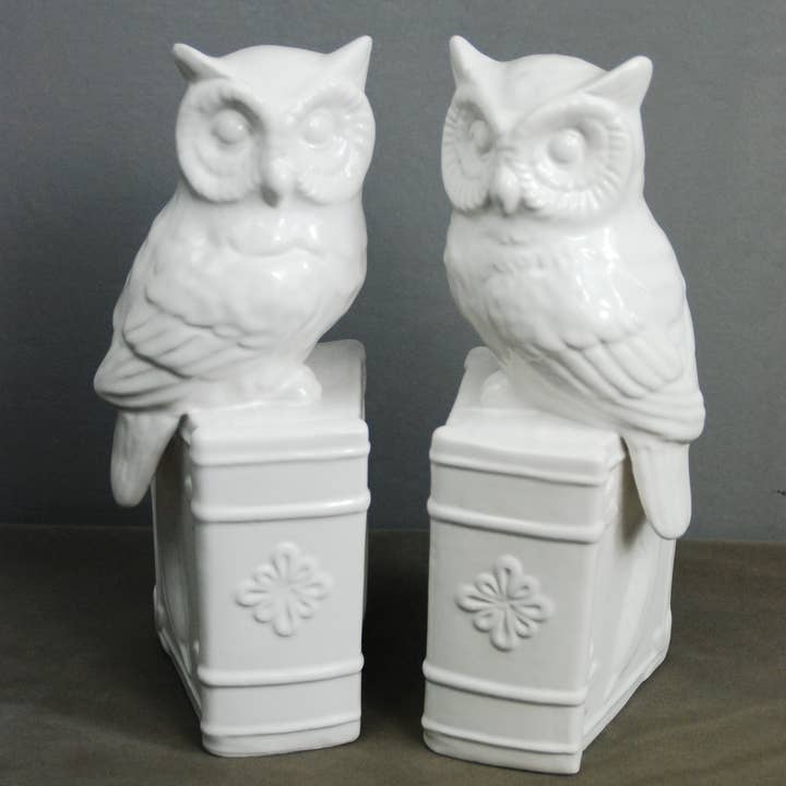 Bone White Ceramic Owl Bookends – Set of 2 for wholesale by Drew Derose Design
