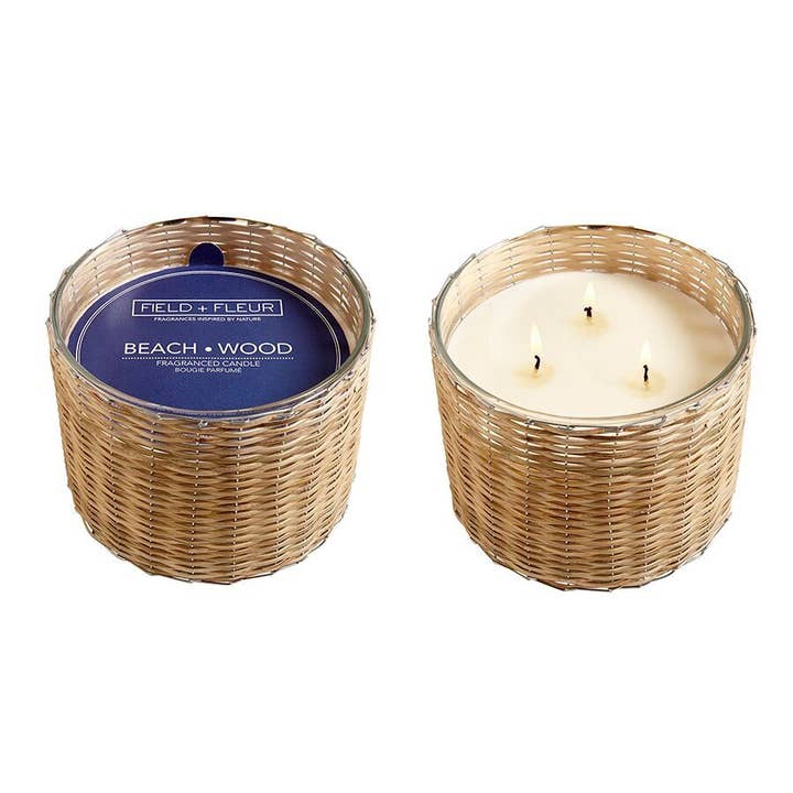 Beach Wood 3 Wick Handwoven Candle 21oz. Ctn. 4 for wholesale by Hillhouse Naturals/Field+Fleur