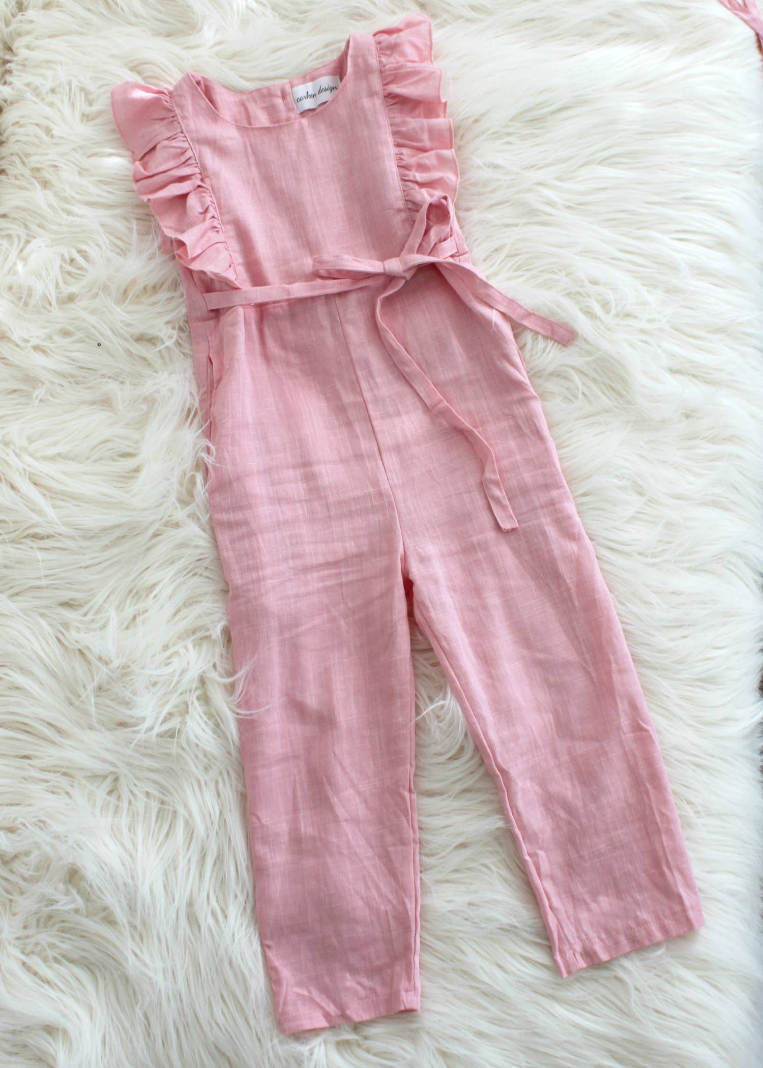 Carken Design - Wholesale Jumpsuit - Kids - Light Pink Linen Ruffle Romper with Pants1