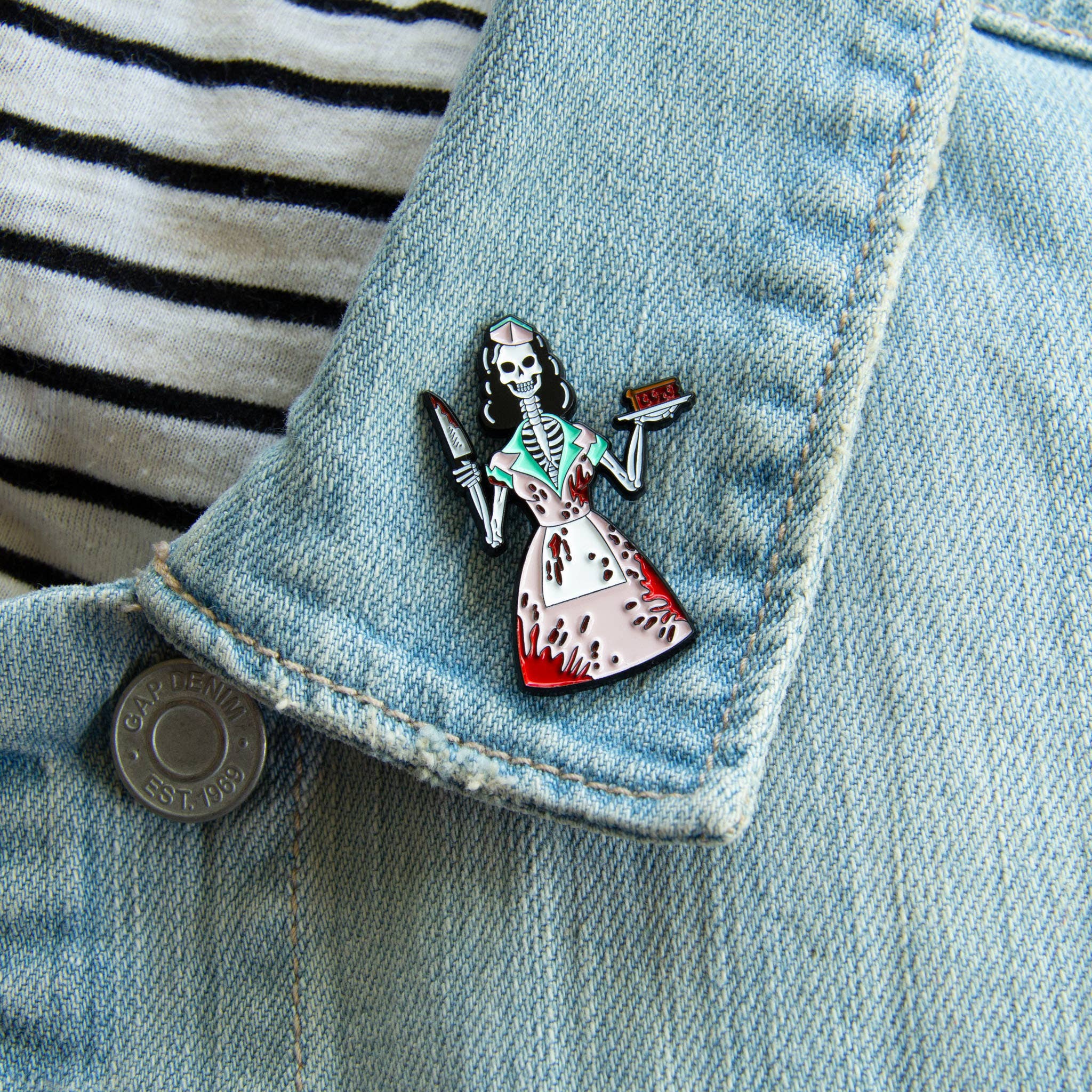 Ectogasm - Wholesale Lapel Pin/Button - 50's Bloody Skeleton Waitress Halloween Horror Enamel Pin4
