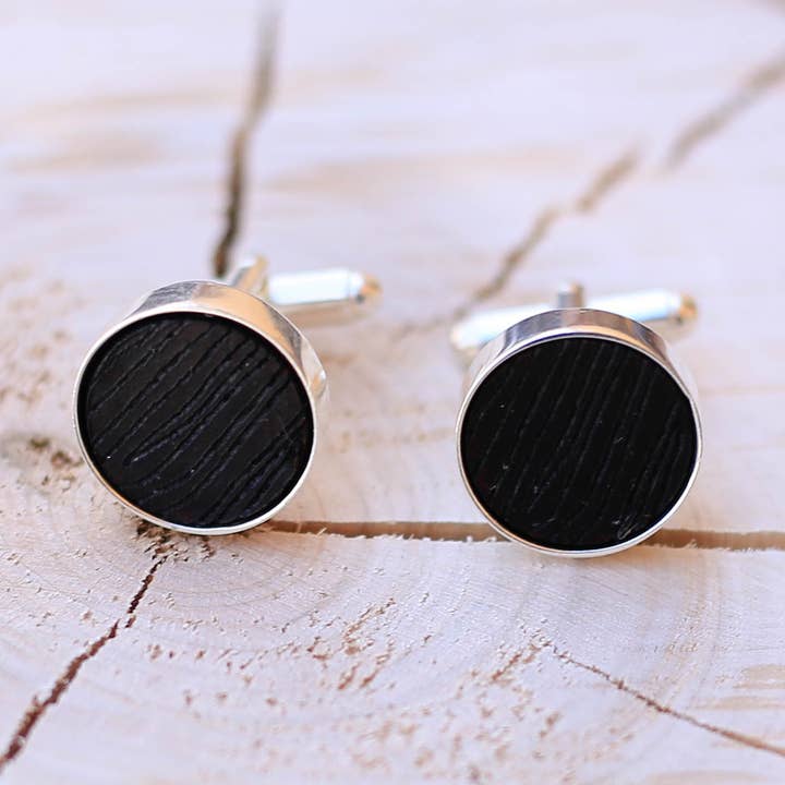 Leather Cuff Links with Wood Grain Design for wholesale by Buzzing Bird Studios, LLC