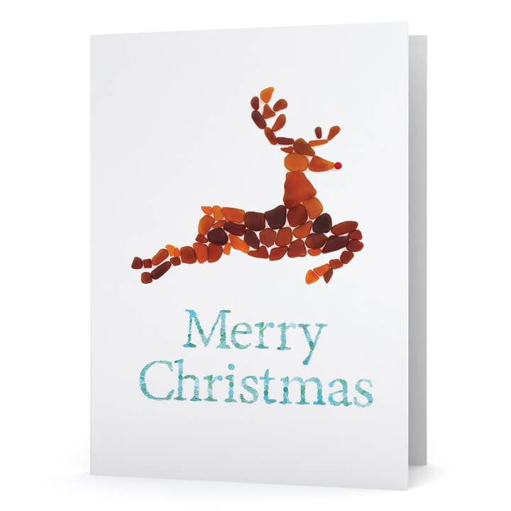 Sea Glass Reindeer Merry Christmas Holiday Card for wholesale by Etched by the Sea, Inc.
