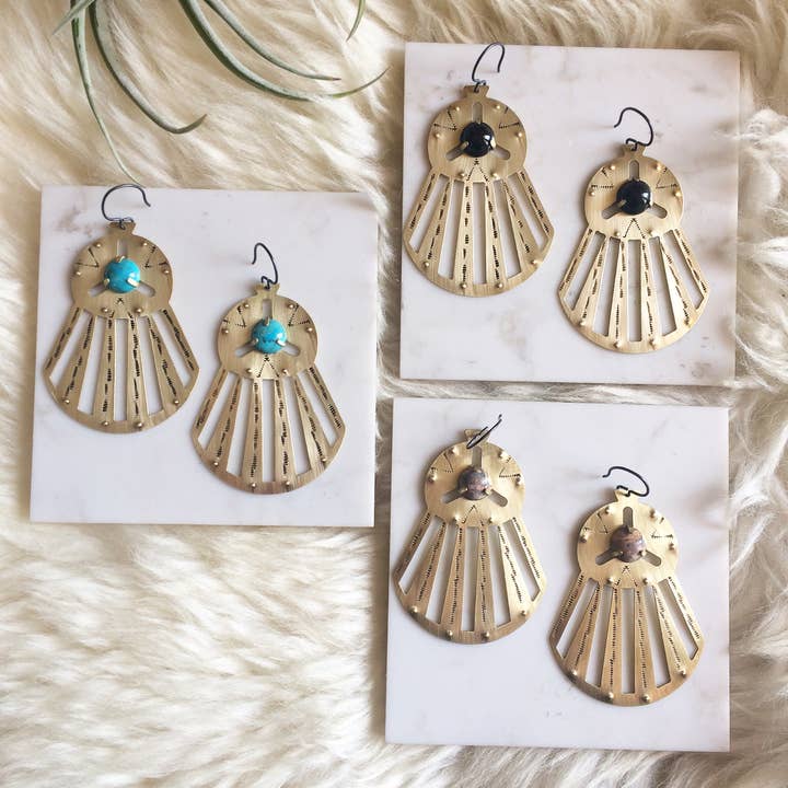 Stamped Brass Earrings w/ Semi-Precious Stone for wholesale by LUNASOL