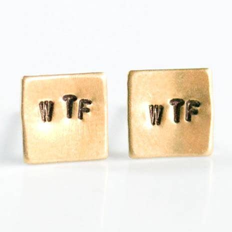 WTF, Hand Stamped Earrings | Brass for wholesale by Grey Theory Mill