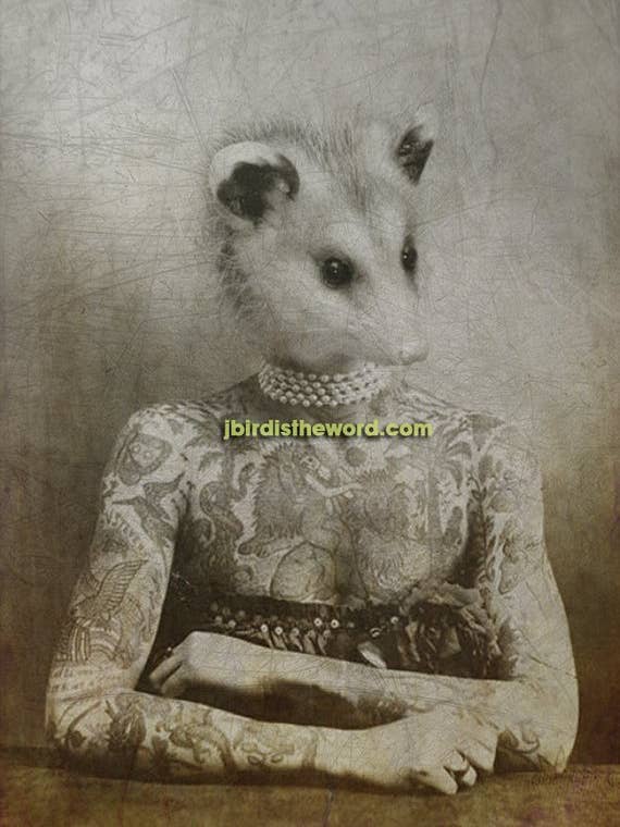Awesome Possum Print, Opossum Tattoo Victorian for wholesale by The Wild Oddisorium