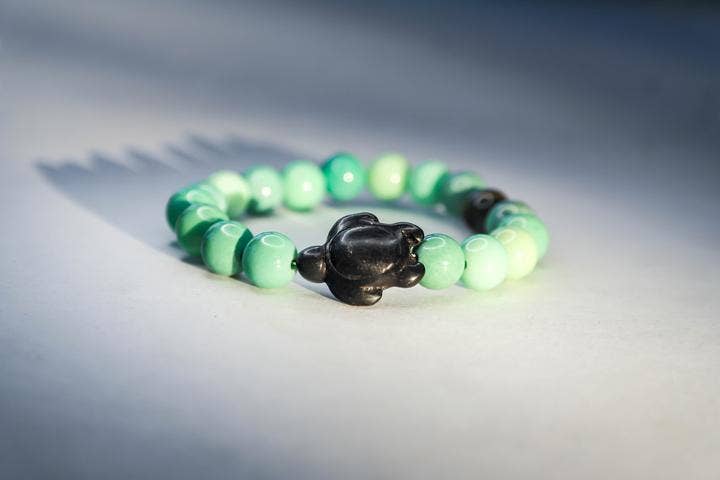 Foxfire Stones - Wholesale Beaded Bracelet - White Braided Elastic  - Rish Green / Green Chysoprase Agate Turtle Beach Bracelet0