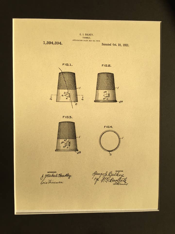 11x14 Thimble Matted Patent Print for wholesale by Millie and Mads