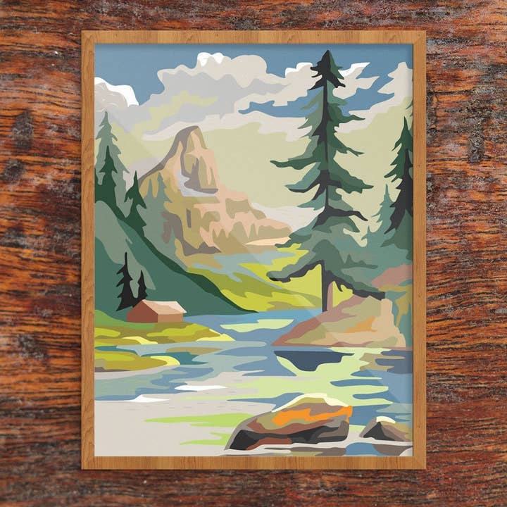 Fridgedoor - Wholesale Art Print - 11'' x 14'' Paint By Number Style Mountain Cabin & Lake Prin
