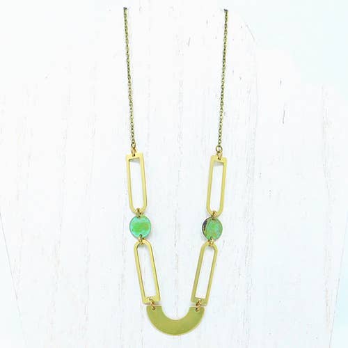 Verdigris Brass Patina Necklace Geometric Boho Style 28" for wholesale by Permanent Baggage