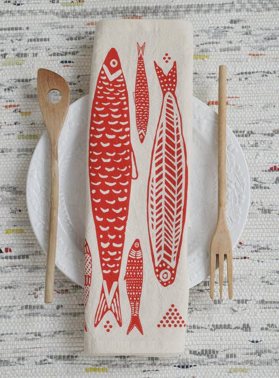 Hearth and Harrow - Wholesale Tea Towel - Sardines Tea Towel in Red - Organic Cotton - Fish Print1