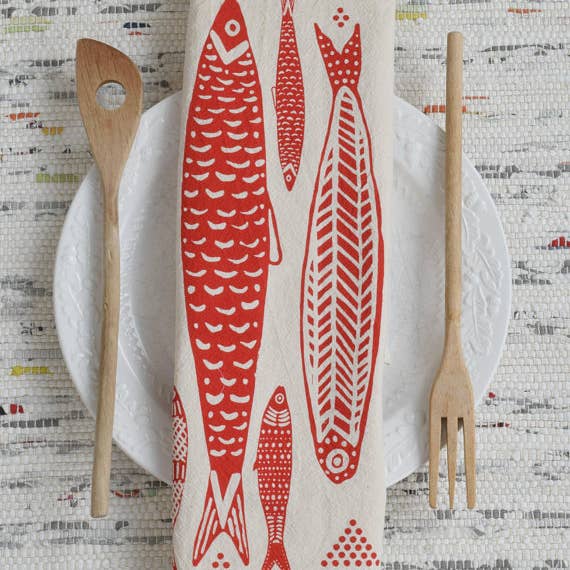 Hearth and Harrow - Wholesale Tea Towel - Sardines Tea Towel in Red - Organic Cotton - Fish Print1