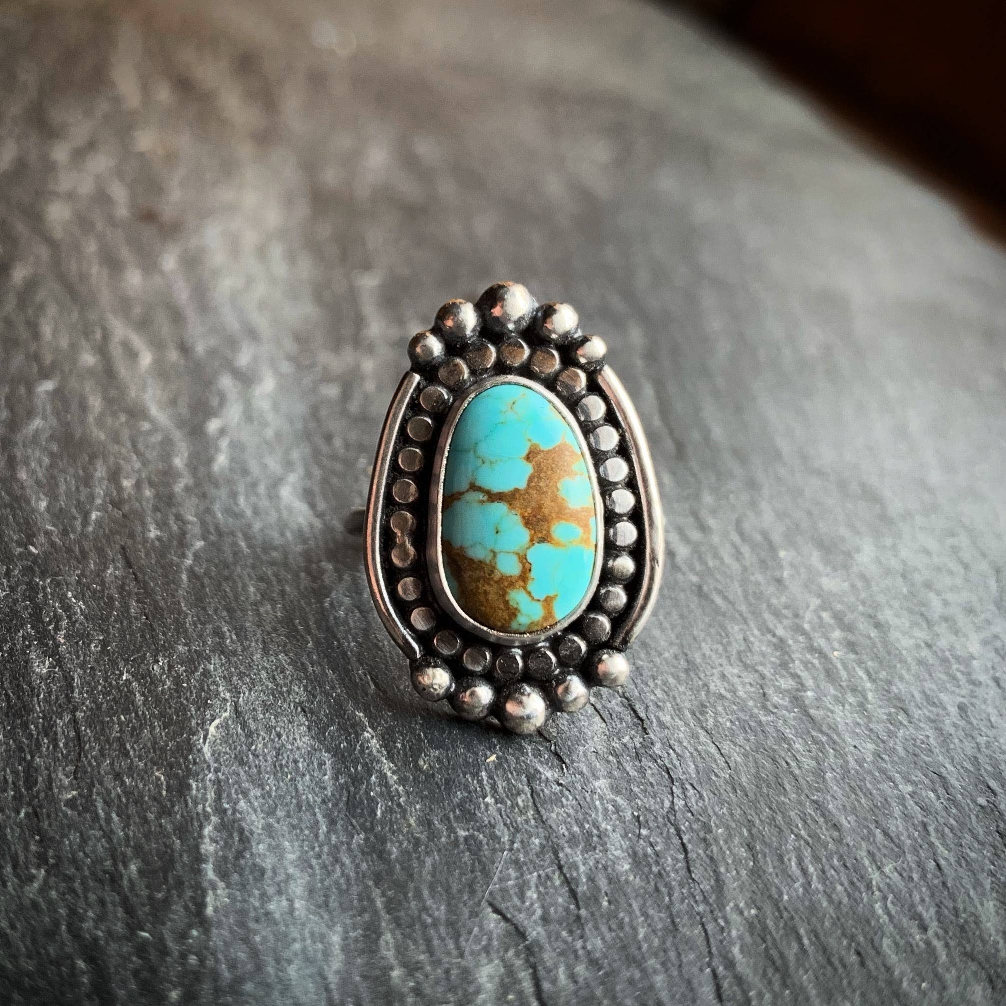 Raegan Hough Metalsmith – wholesale Cocktail/statement ring – American Turquoise Ring with Polar Beading2