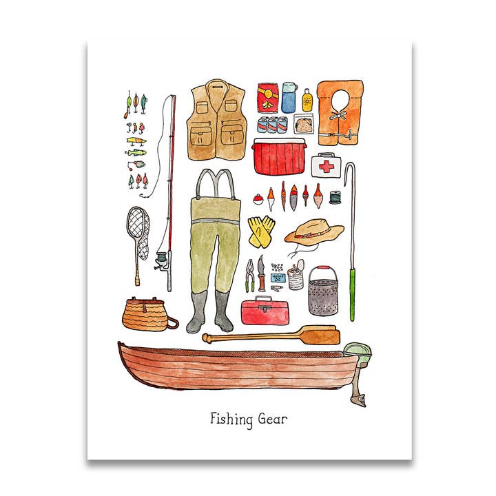 8.5" x 11" Fishing Gear Print for wholesale by Jodi Lynn's Emporium of Doodles