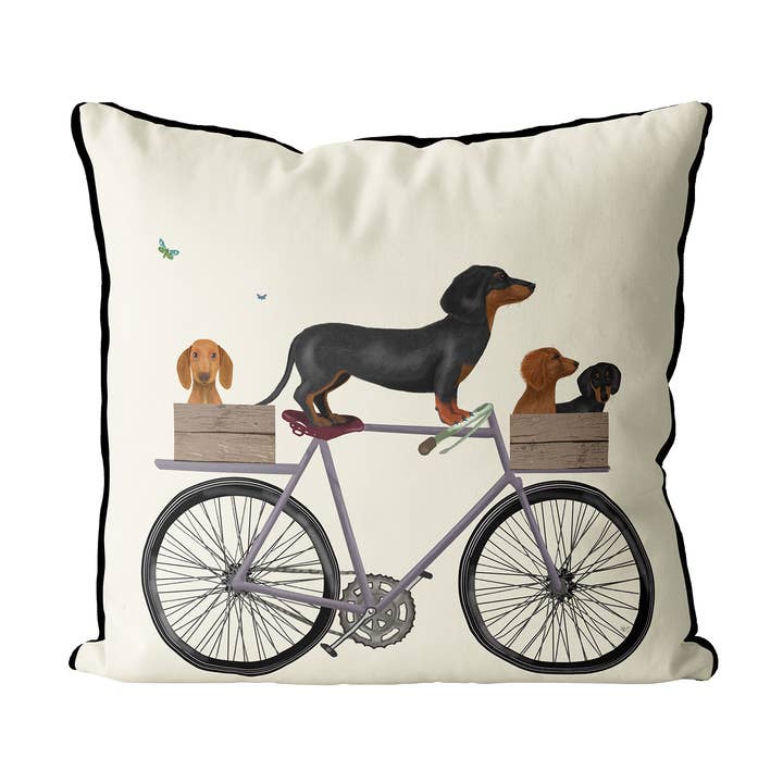 Dachshunds on Bicycle Dog Gift pillow or outdoor cushion for wholesale by FabFunky Ltd