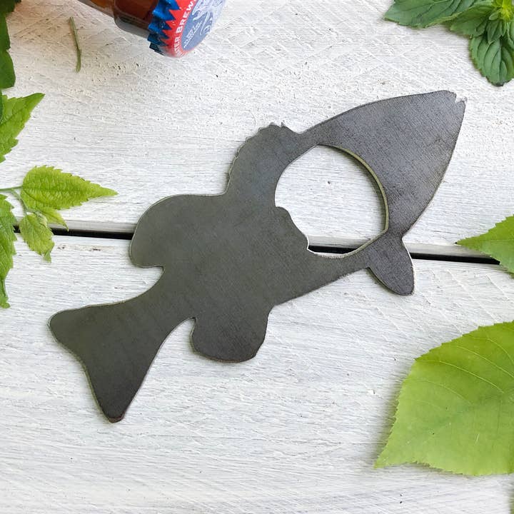 Bass Fish Rustic Bottle Opener made from Recycled Raw Steel for wholesale by BE Creations & Designs, Inc.