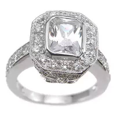 Rhodium Finish Sterling Silver Cubic Zirconia Emerald-cut Antique-style Wedding Ring for wholesale by Plutus Brands