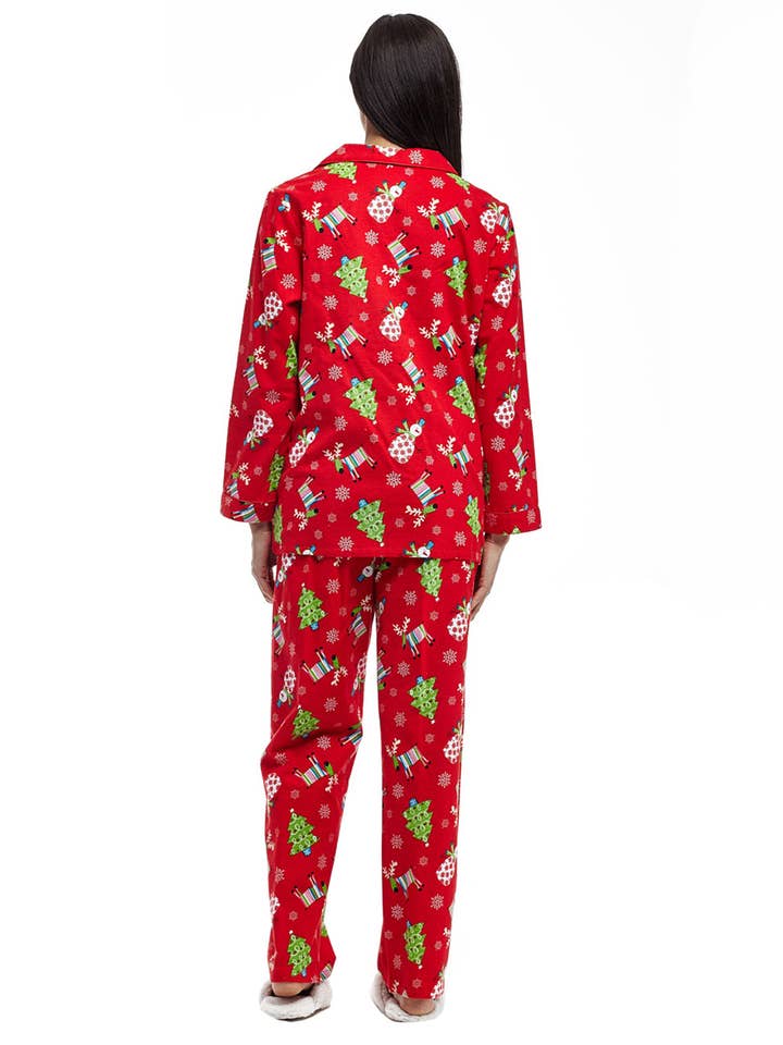 La Cera - Wholesale Sleepwear Set - Women's - Flannel Reindeer Print Pajama Set - RED1