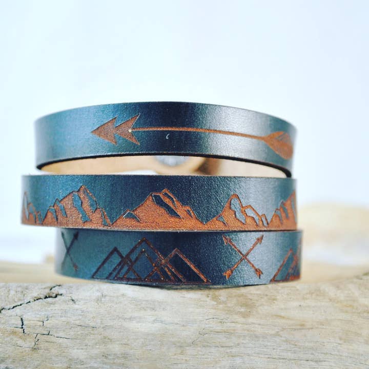 Mens - Mountain Thin Leather Cuff for wholesale by Sandpoint Laser Works