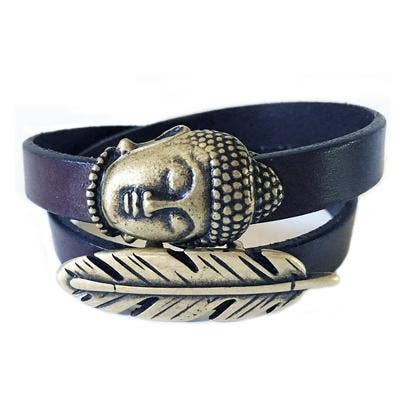 Pulsera de cuero de latón con gran Buda y Pluma Marrón Chocolate para venta al por mayor de LIVE AHA