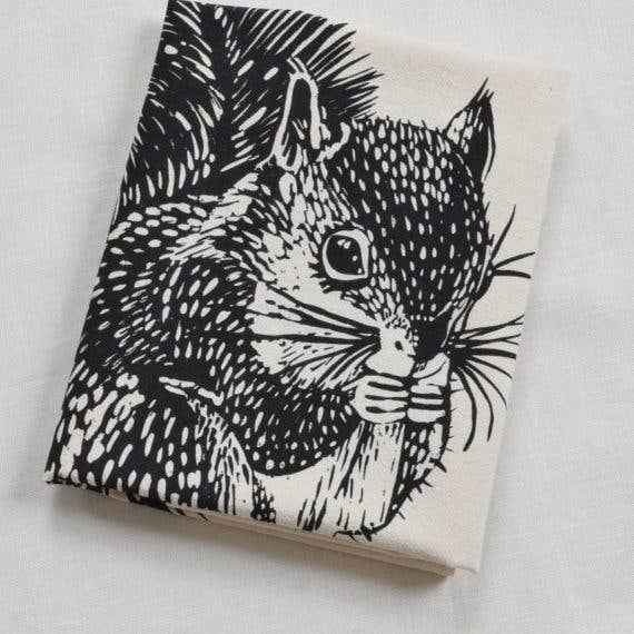 Hearth and Harrow - Wholesale Tea Towel - Organic Cotton Squirrel Tea Towel - Black - Woodland Animal