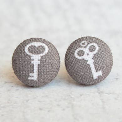 Skeleton Keys, Fabric Covered Button Earrings for wholesale by Rachel O's
