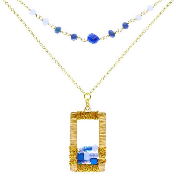 Marquet - Wholesale Pendant/Charm Necklace - Rose Geometric Rectangle Beaded Necklace with Crystal Beads4