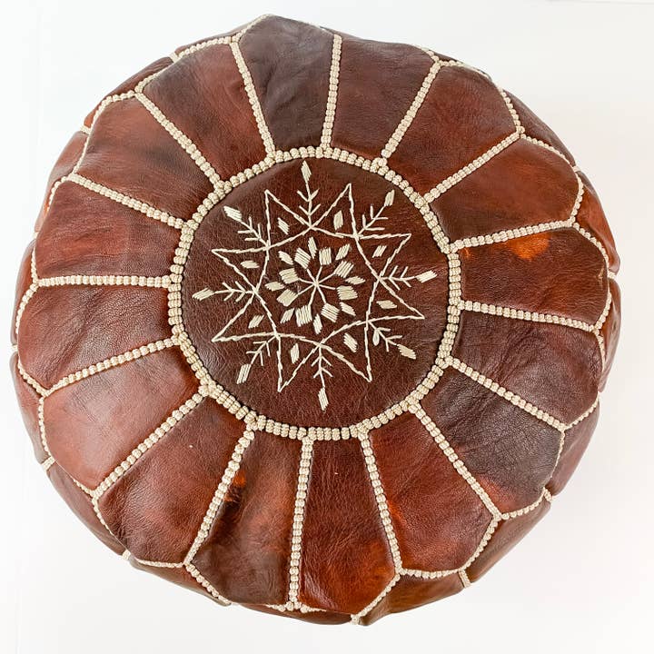 Round Moroccan Leather Pouf in "Chestnut" (unstuffed) for wholesale by Eclectic Collective