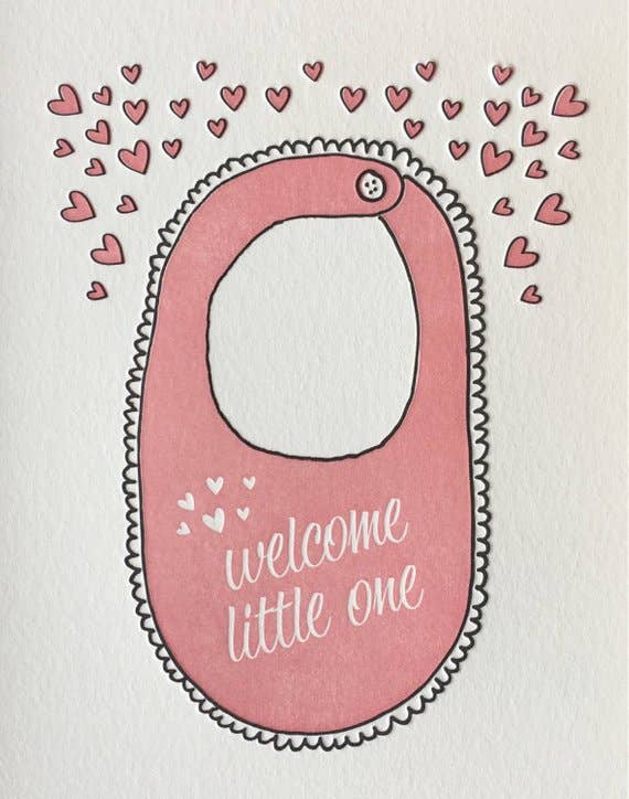 Lucky Bee Press - Wholesale Baby Card - Welcome Little One Pink Bib - letterpress card1