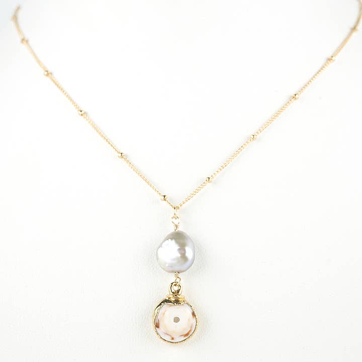keshi pearl & 24k gold dipped hawaiian puka shell necklace for wholesale by Midori Jewelry Hawaii