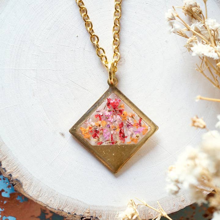 Real Pressed Flowers in Resin Brass Diamond Necklace for wholesale by Ann + Joy