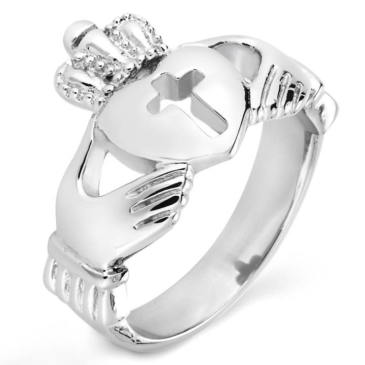 Polished Cut-Out Cross Stainless Steel Claddagh Ring for wholesale by West Coast Jewelry