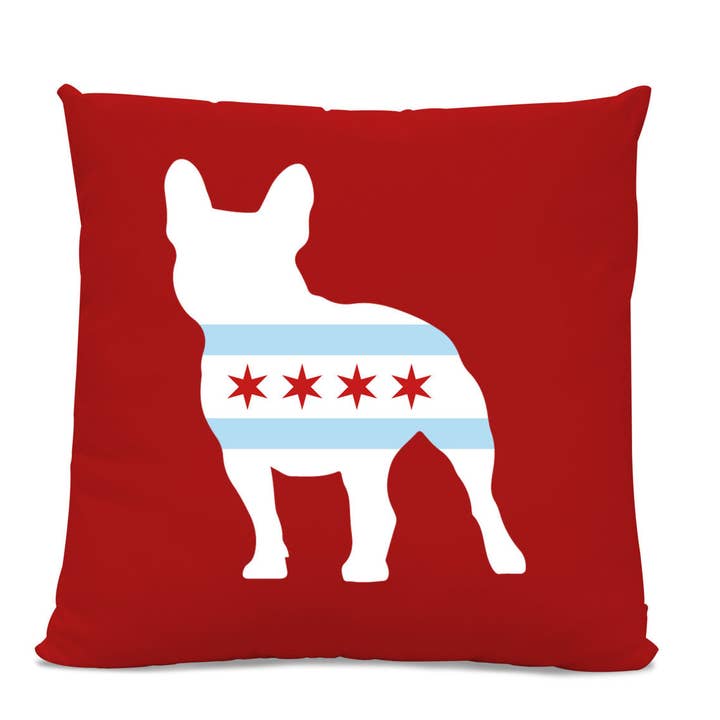 Chicago vlag Franse Bulldog rood kussen 14" x 14" katoenen keperstof voor wholesale door Sophisticated Pup