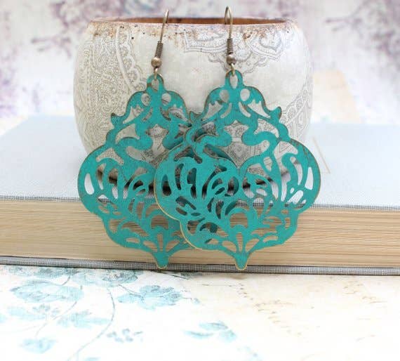A Pocket of Posies - Wholesale Dangle Earrings - Damask Filigree Earrings | Teal Patina | Big Dangle Earrings2