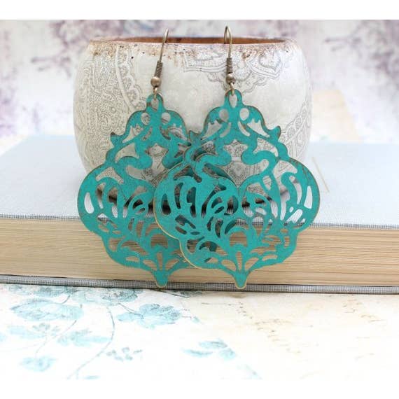 A Pocket of Posies - Wholesale Dangle Earrings - Damask Filigree Earrings | Teal Patina | Big Dangle Earrings2