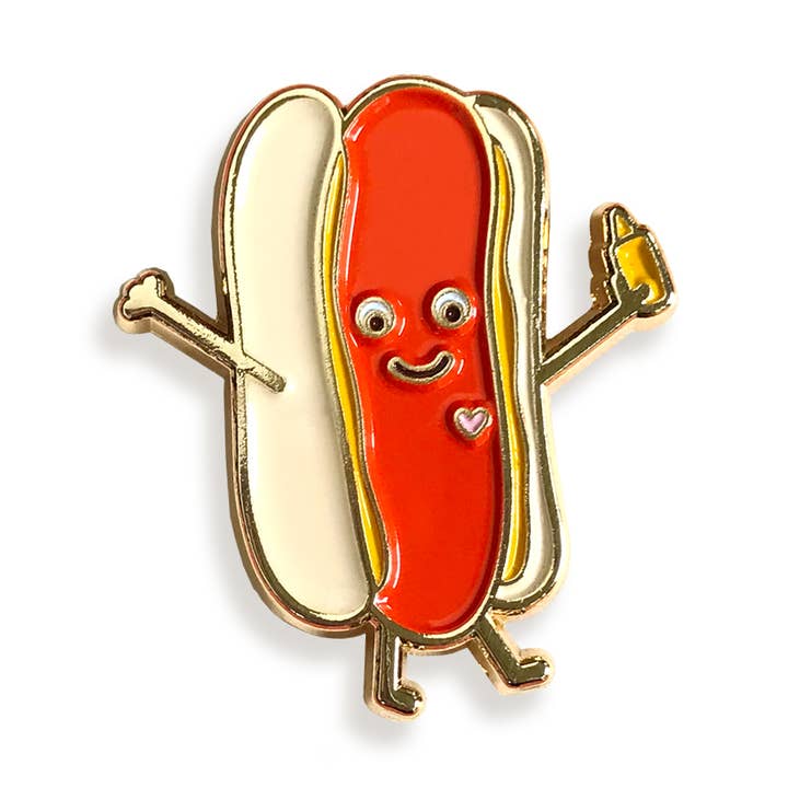 Hot Dog Enamel Pin for wholesale by Night Owl Paper Goods