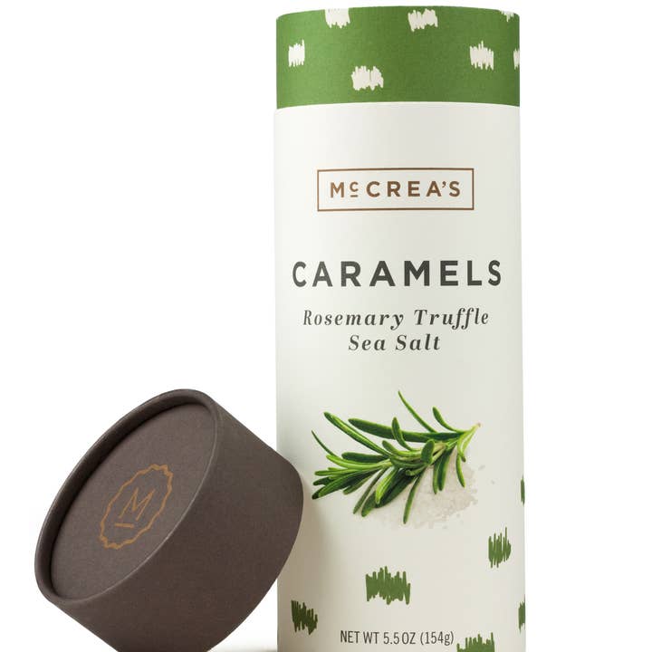 Caramels Tall Tube - Rosemary Truffle Sea Salt (6 per case) for wholesale by McCrea's Candies