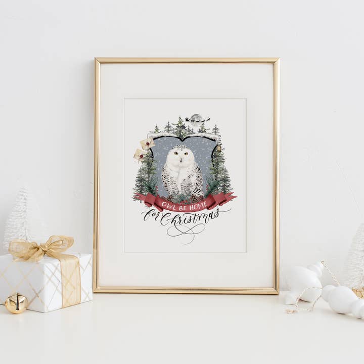 Owl Be Home for Christmas Art Print for wholesale by Cami Monet