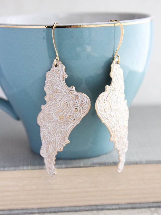 Wing Shabby White Patina Earrings for wholesale by A Pocket of Posies