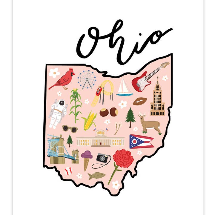 Impression artistique de l'État de l'Ohio : carte de l'État, décoration d'intérieur, pendaison de crémaillère, diplôme, cadeau de voyage pour la vente par Bloomwolf Studio