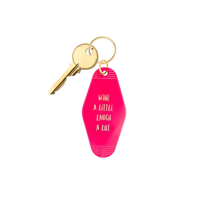RETRO MOTEL KEYCHAIN "WINE A LITTLE, LAUGH ALOT" for wholesale by BOPS WHOLESALE