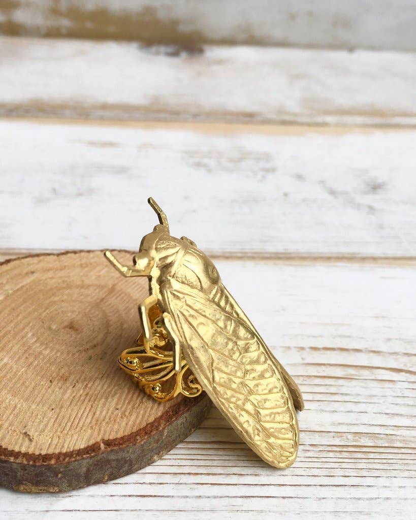 Red Truck Designs - Wholesale Cocktail/Statement Ring - Cicada Beetle Ring Gold Insect Whimsical Spring Ring3