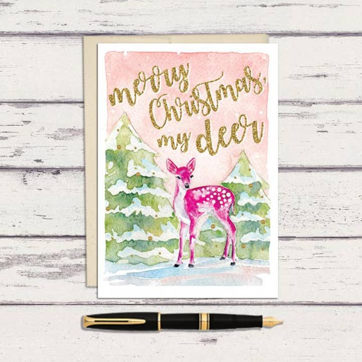 Watercolor Merry Christmas my Deer Greeting Card for wholesale by Meadowbrook Lane